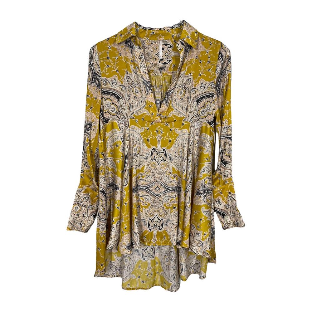 Free People Field Of Butterflies Tunic XS Yellow Paisley Print Boho Long Top - Picture 2 of 6